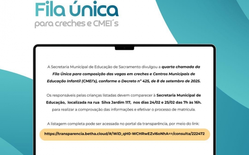 Secretaria de Educação divulga 4ª chamada da Fila Única para creches e CMEIs em Sacramento